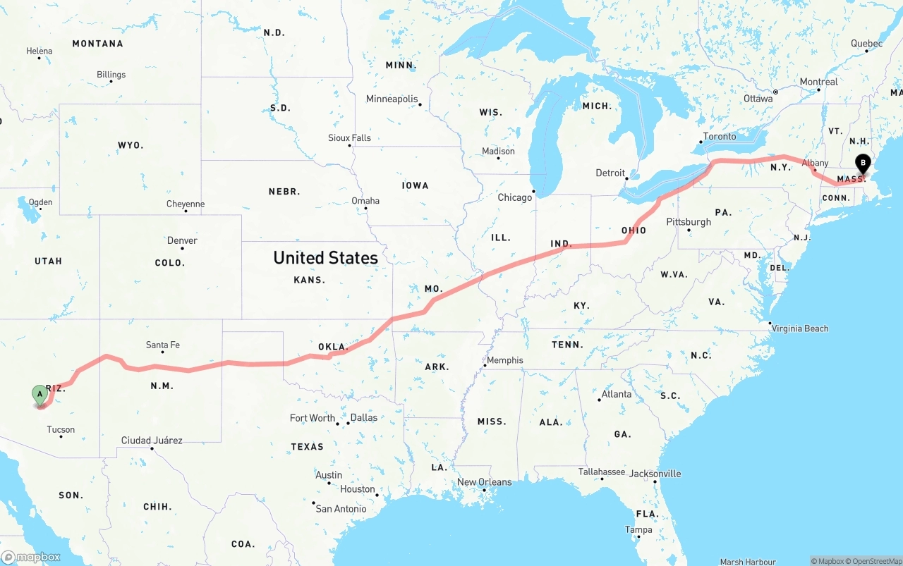 Shipping route from Phoenix Sky Harbor International Airport to Massachusetts