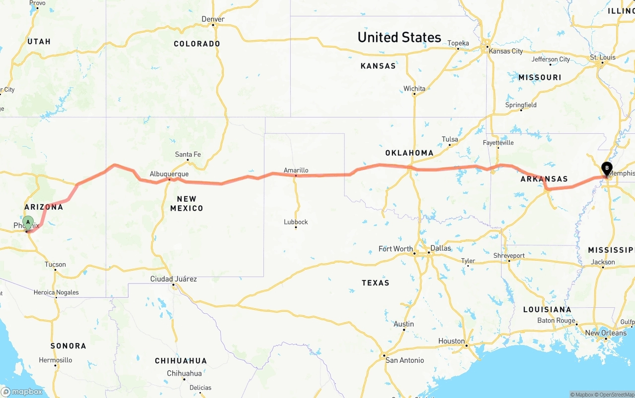Shipping route from Phoenix Sky Harbor International Airport to Memphis