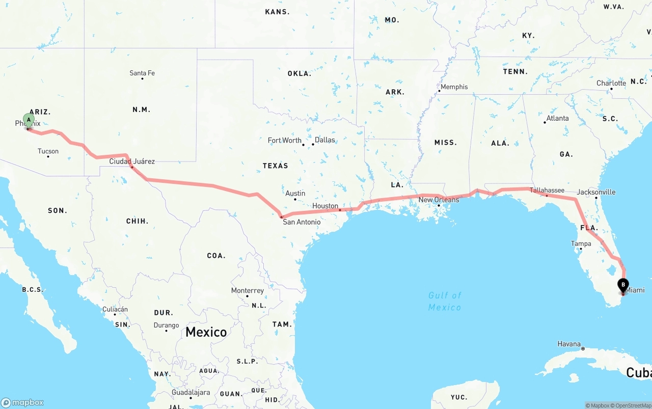 Shipping route from Phoenix Sky Harbor International Airport to Miami