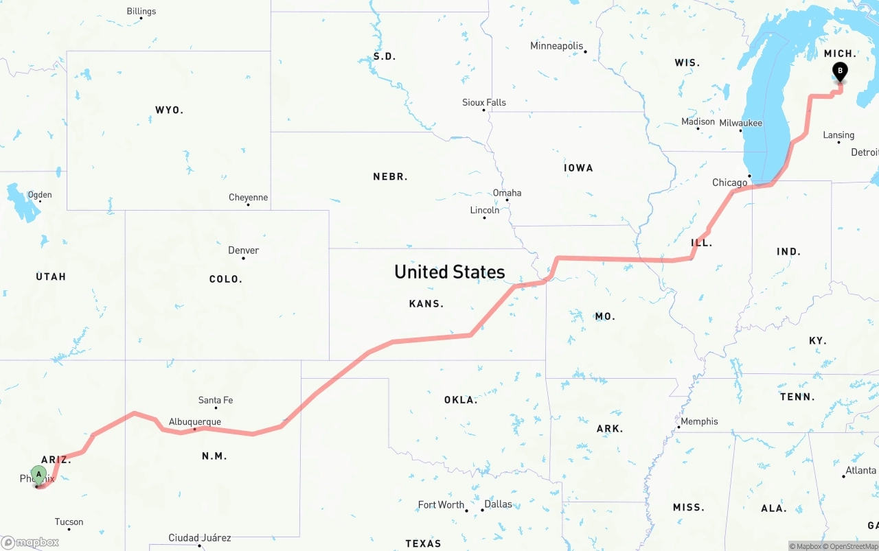 Shipping route from Phoenix Sky Harbor International Airport to Michigan