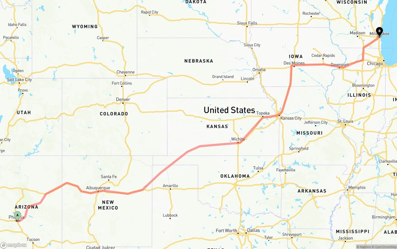 Shipping route from Phoenix Sky Harbor International Airport to Milwaukee