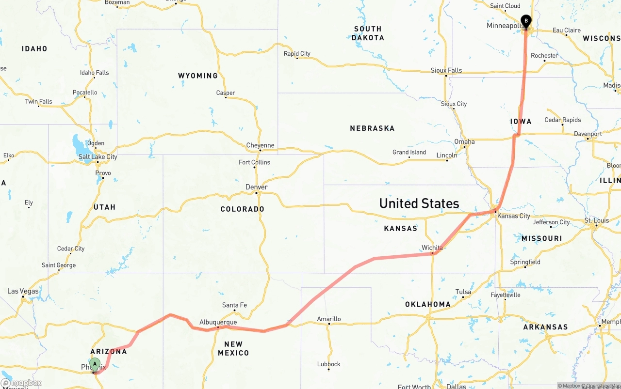 Shipping route from Phoenix Sky Harbor International Airport to Minneapolis