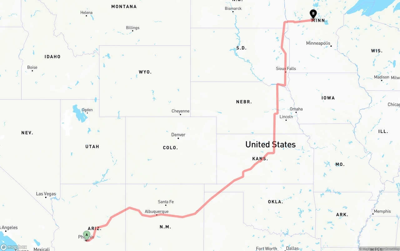 Shipping route from Phoenix Sky Harbor International Airport to Minnesota