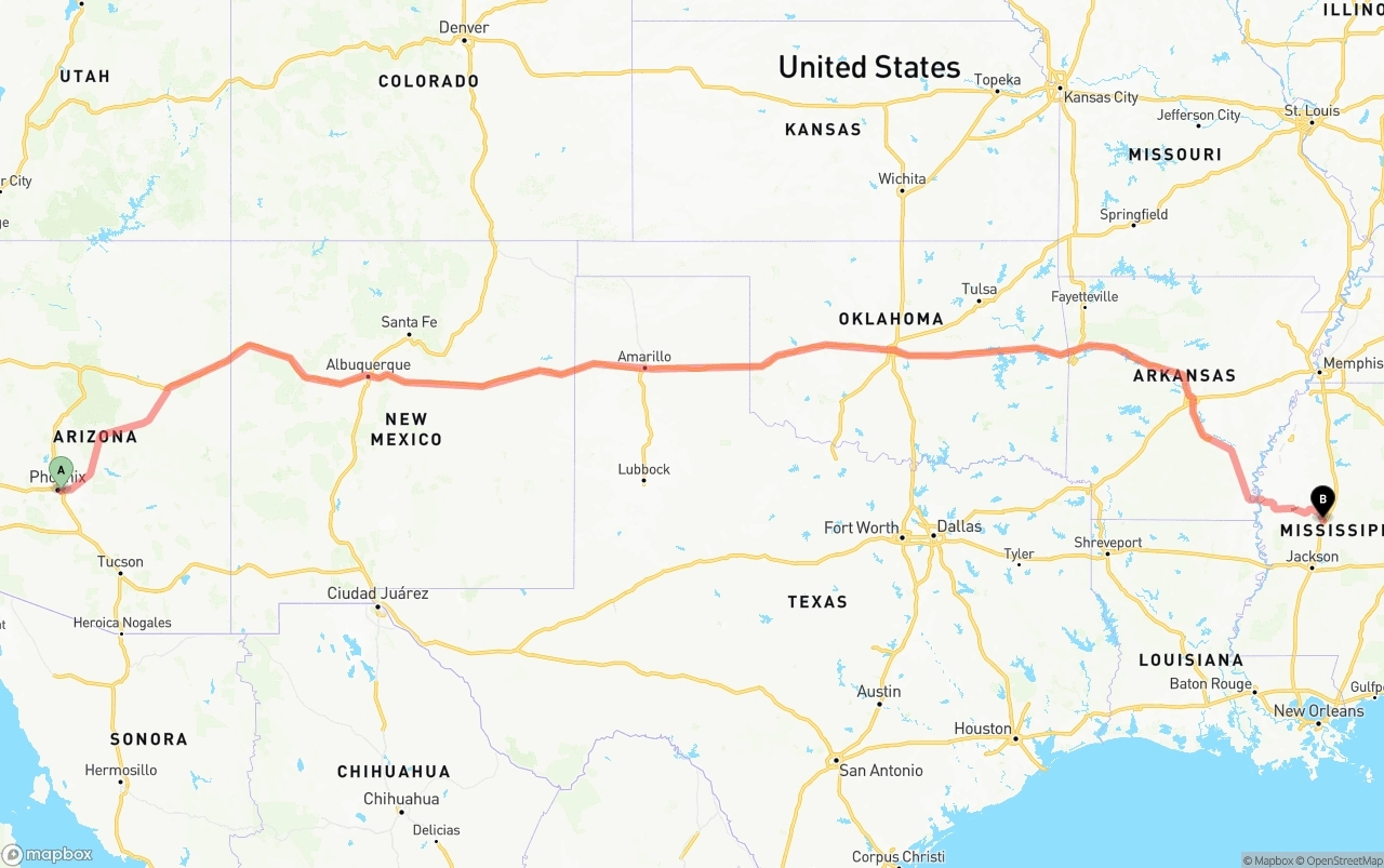 Shipping route from Phoenix Sky Harbor International Airport to Mississippi