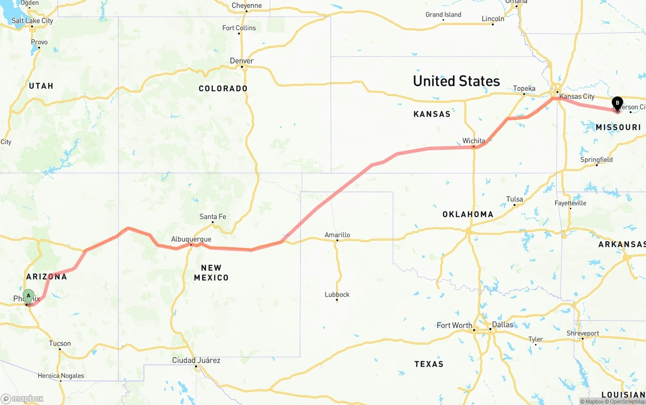 Shipping route from Phoenix Sky Harbor International Airport to Missouri