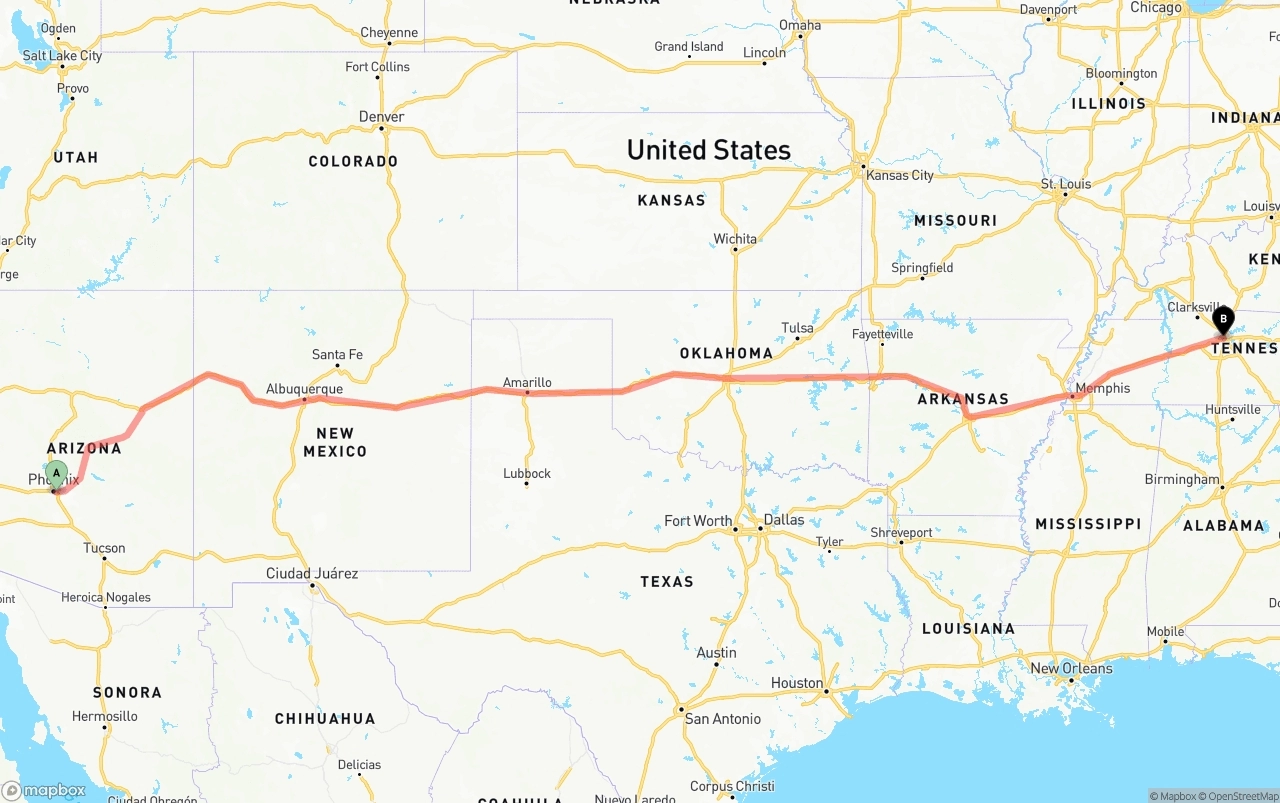 Shipping route from Phoenix Sky Harbor International Airport to Nashville