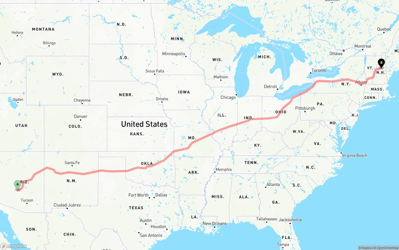 Shipping route from Phoenix Sky Harbor International Airport to New Hampshire