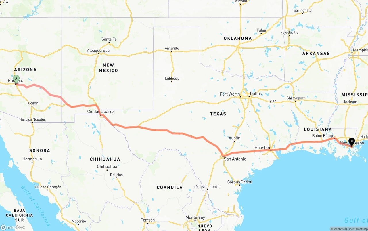Shipping route from Phoenix Sky Harbor International Airport to New Orleans