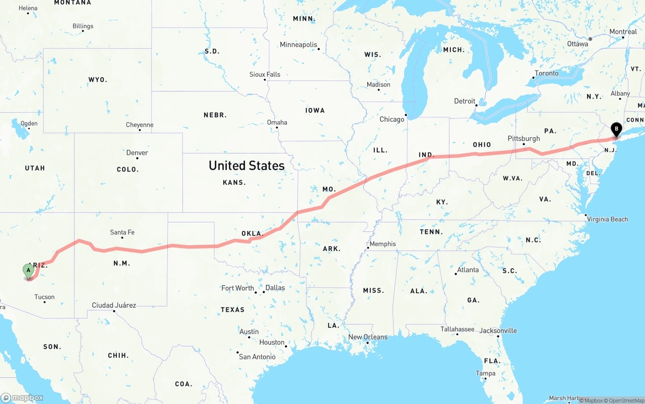 Shipping route from Phoenix Sky Harbor International Airport to New York City