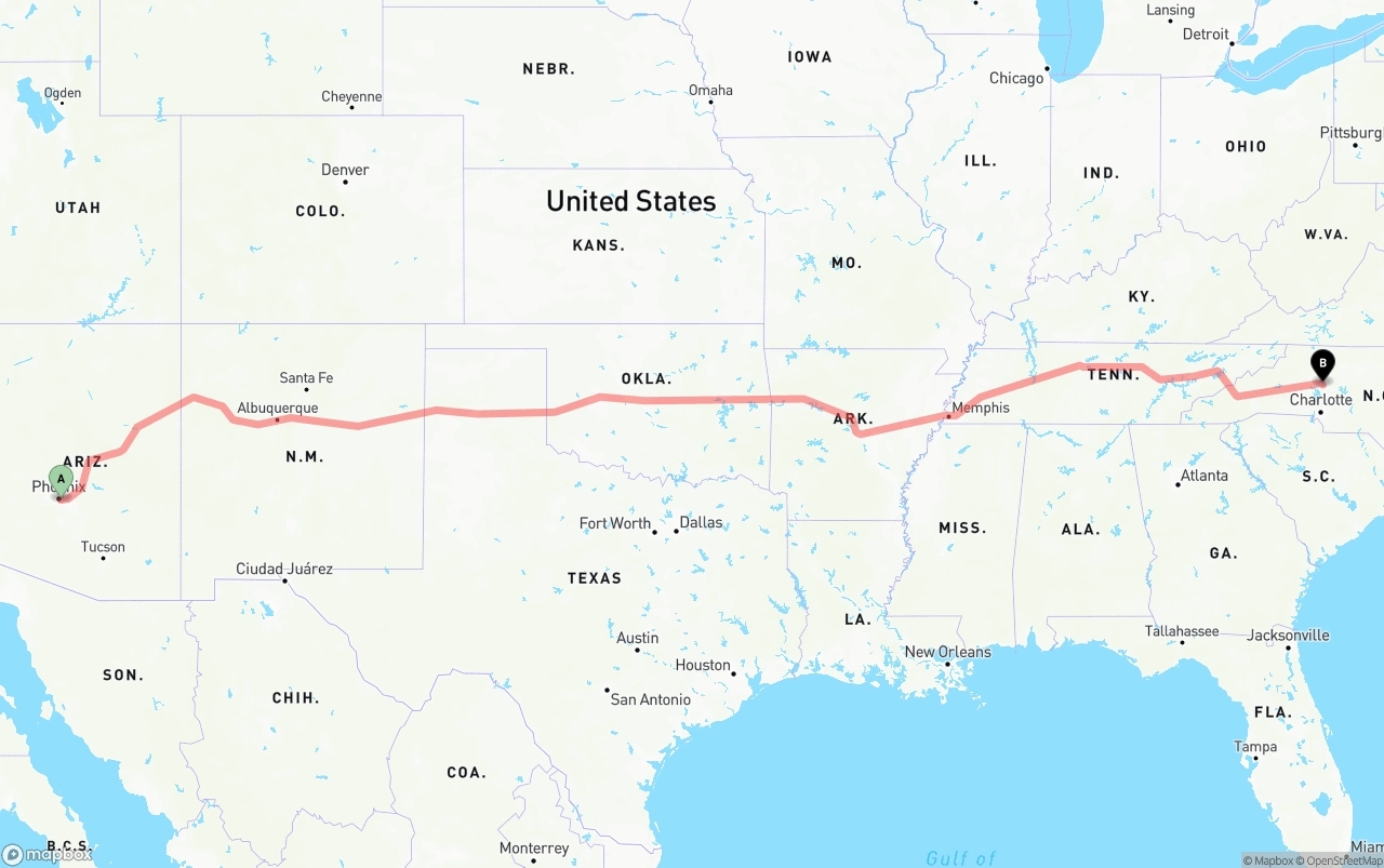 Shipping route from Phoenix Sky Harbor International Airport to North Carolina