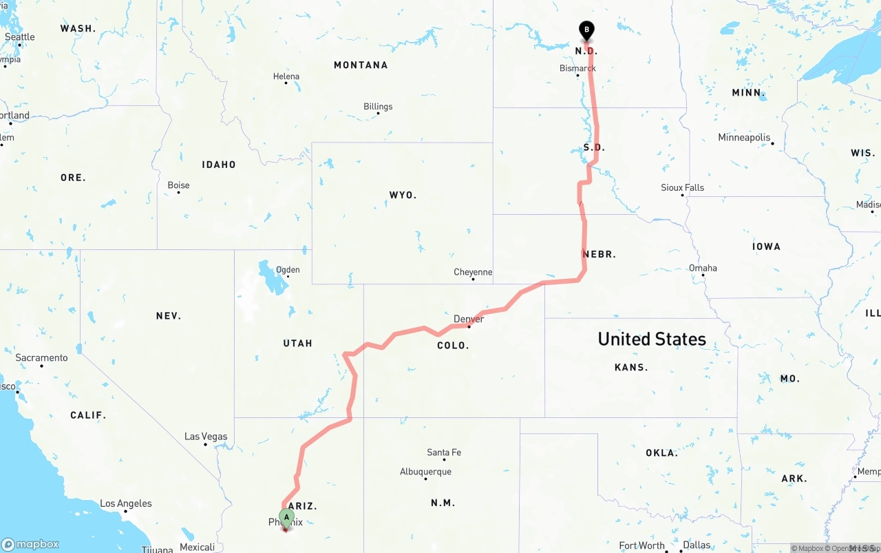 Shipping route from Phoenix Sky Harbor International Airport to North Dakota