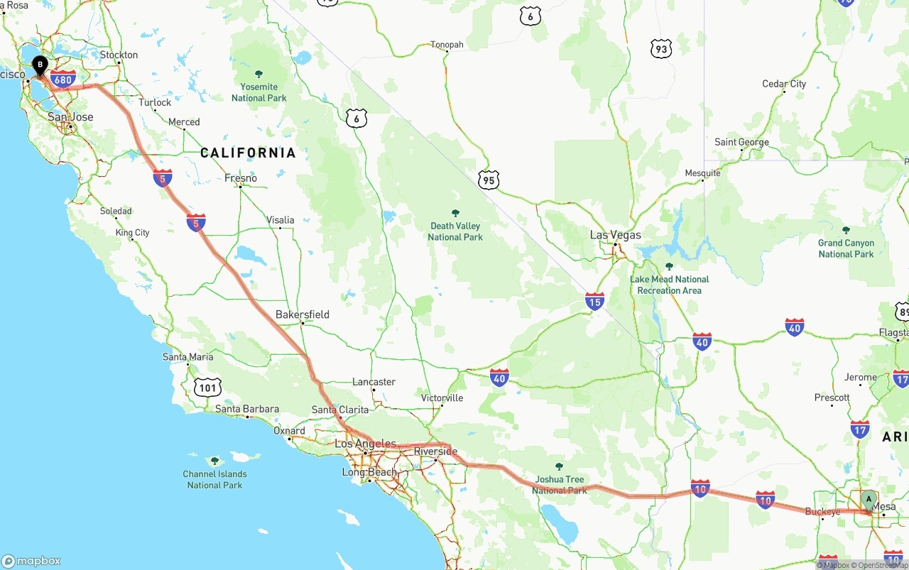 Shipping route from Phoenix Sky Harbor International Airport to Oakland