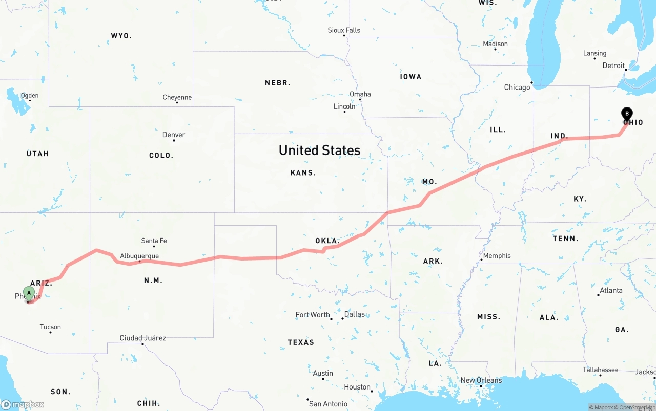 Shipping route from Phoenix Sky Harbor International Airport to Ohio