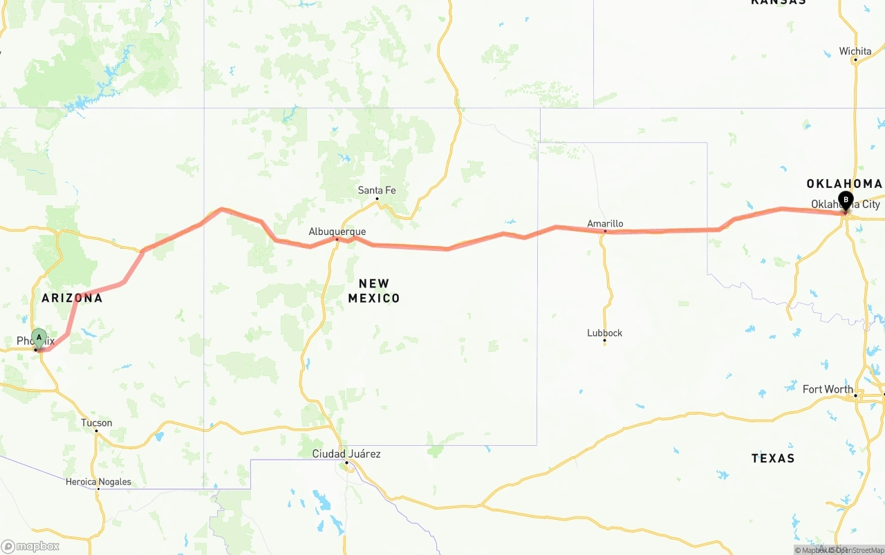 Shipping route from Phoenix Sky Harbor International Airport to Oklahoma City