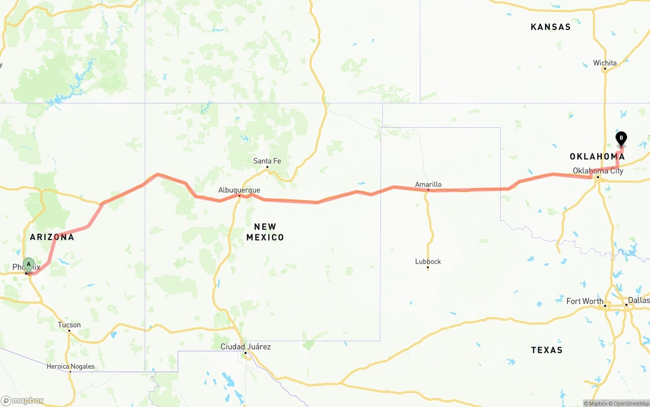 Shipping route from Phoenix Sky Harbor International Airport to Oklahoma