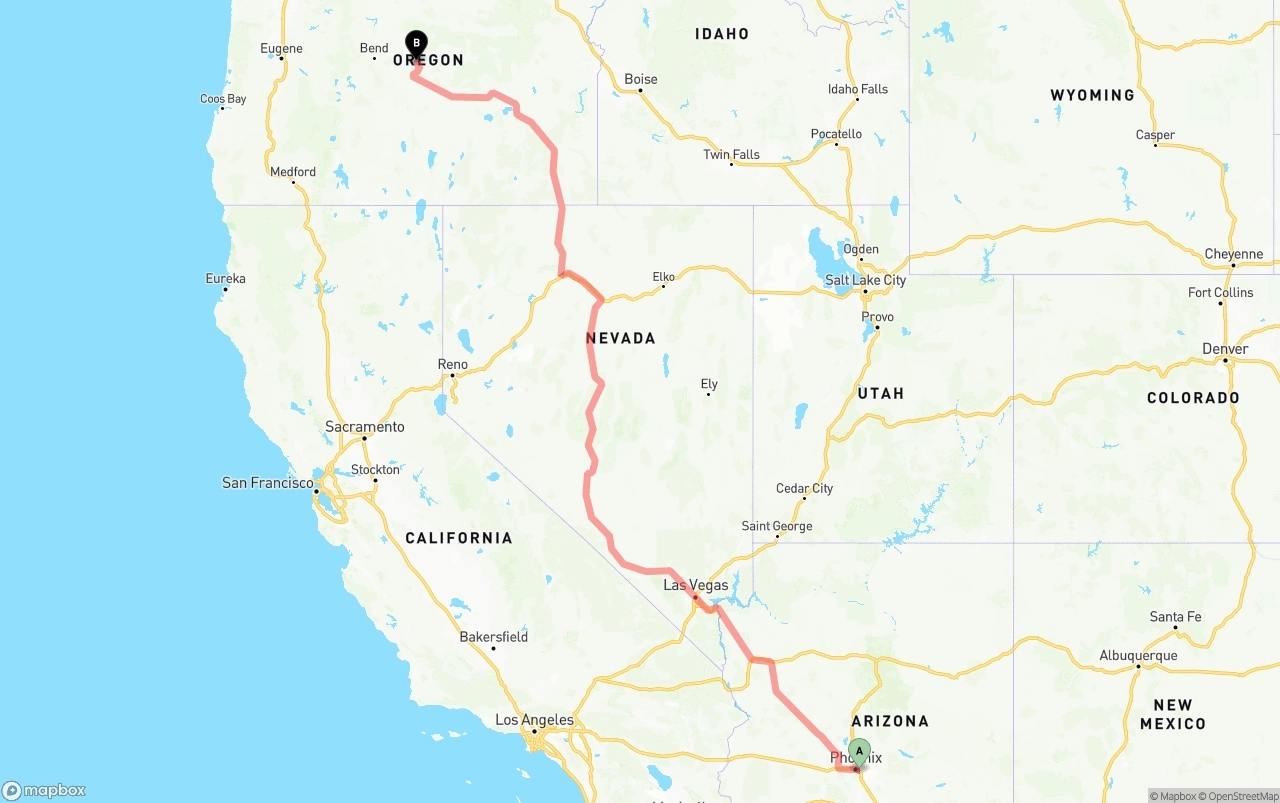 Shipping route from Phoenix Sky Harbor International Airport to Oregon