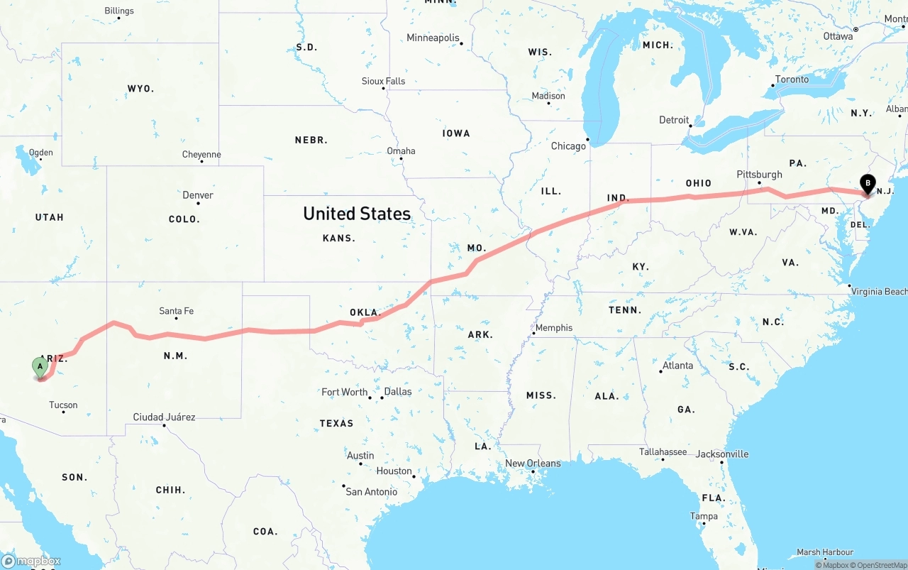 Shipping route from Phoenix Sky Harbor International Airport to Philadelphia