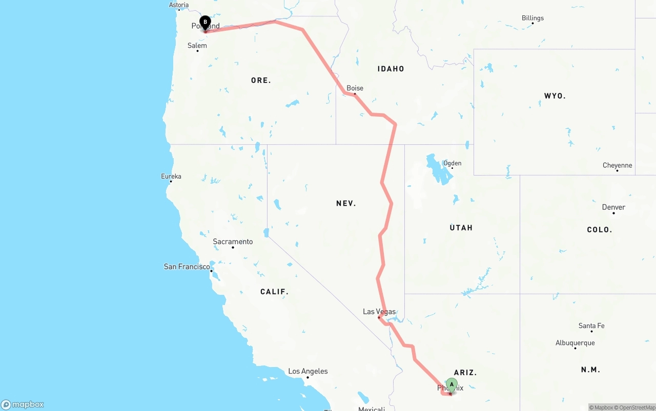 Shipping route from Phoenix Sky Harbor International Airport to Portland