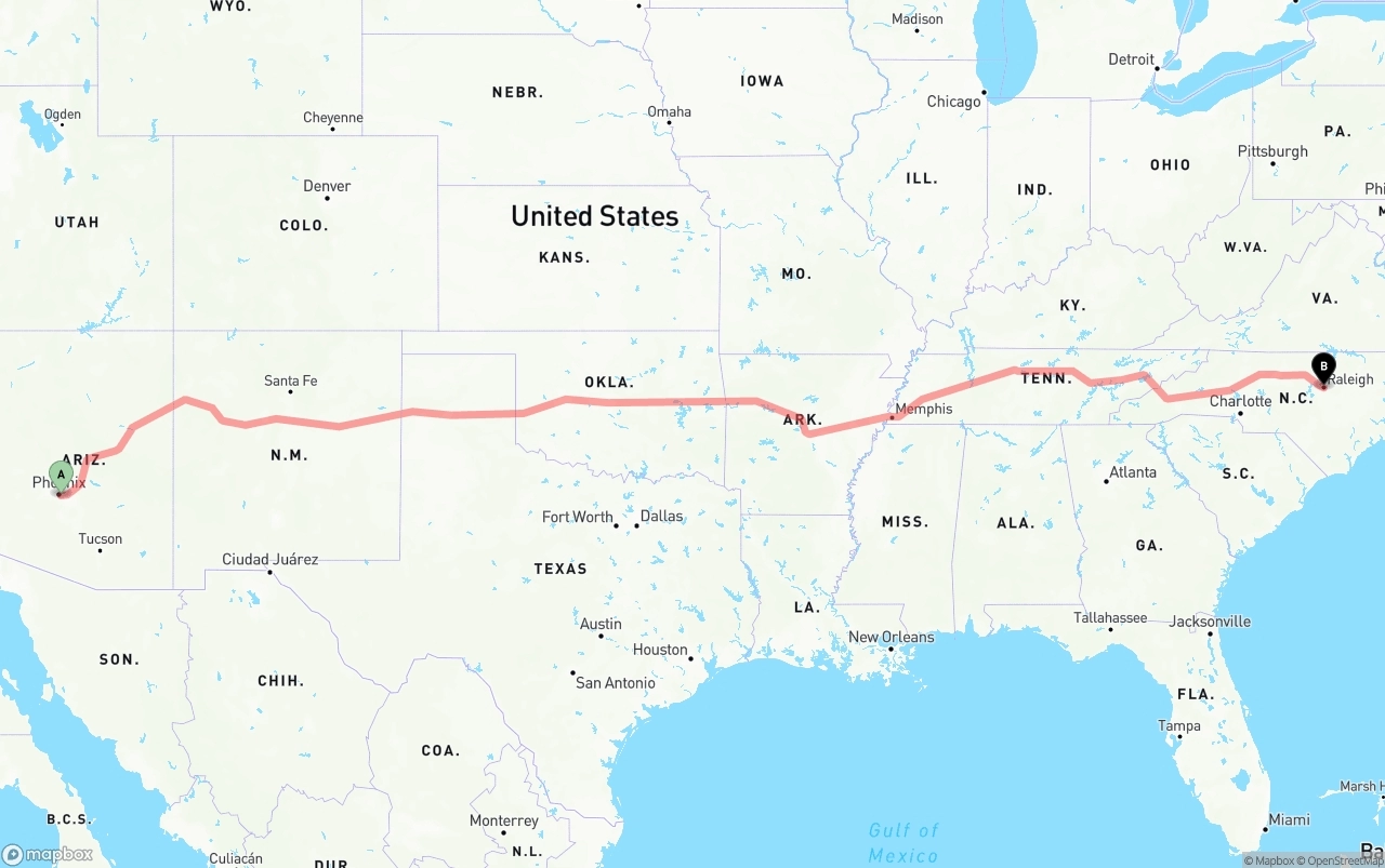 Shipping route from Phoenix Sky Harbor International Airport to Raleigh