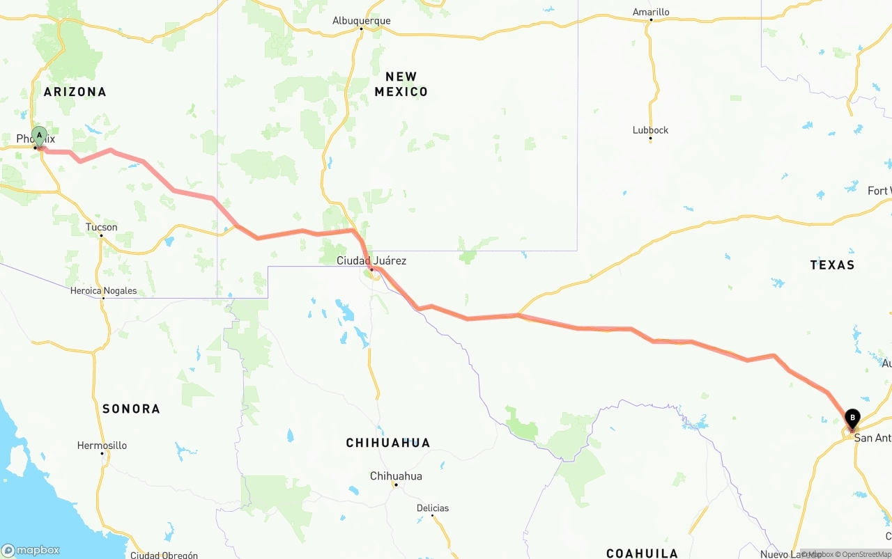Shipping route from Phoenix Sky Harbor International Airport to San Antonio