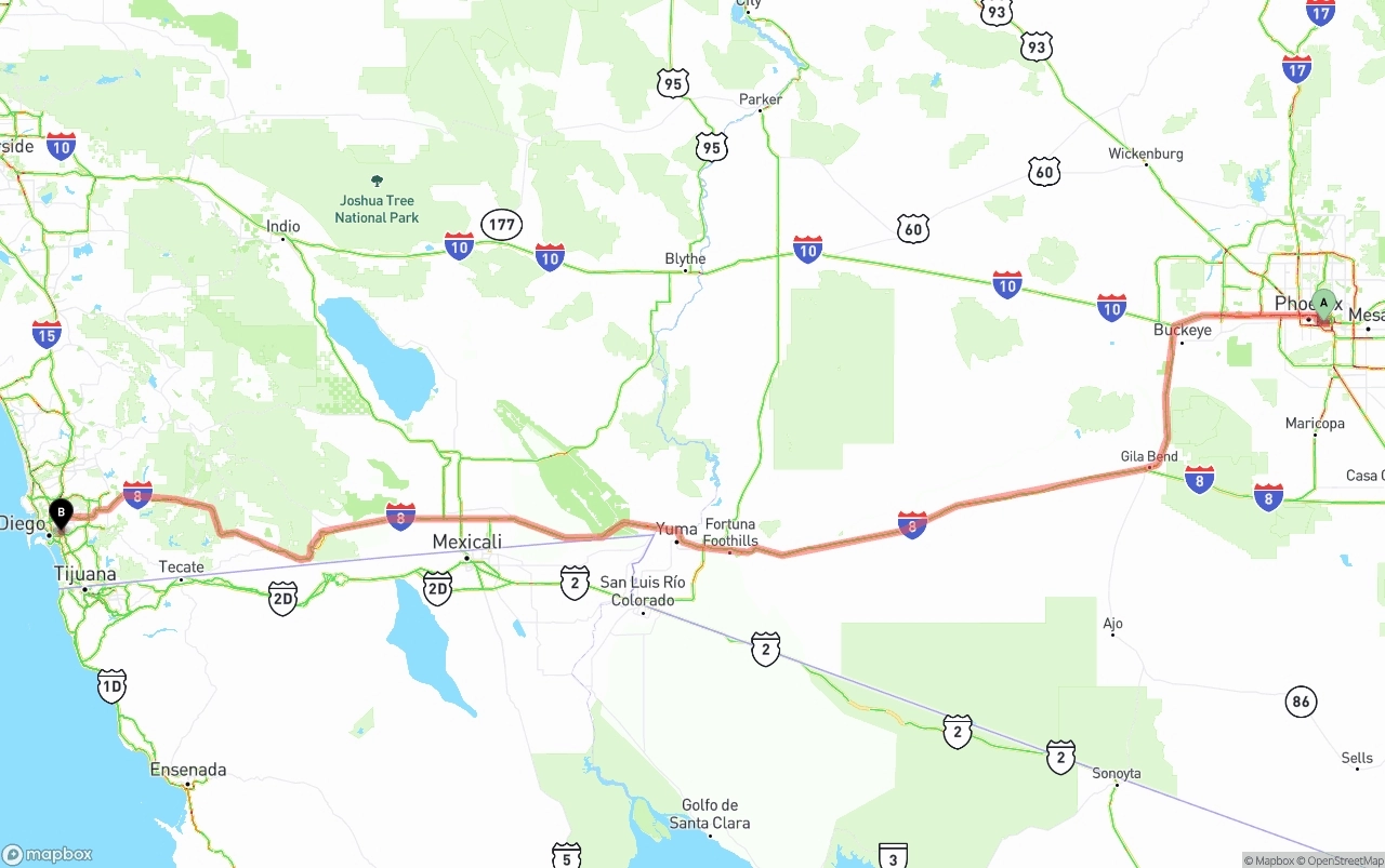 Shipping route from Phoenix Sky Harbor International Airport to San Diego