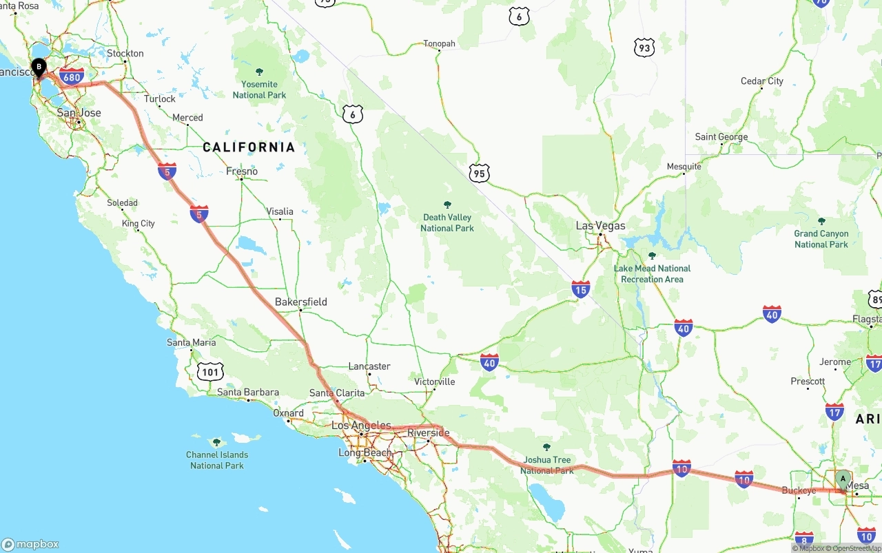 Shipping route from Phoenix Sky Harbor International Airport to San Francisco