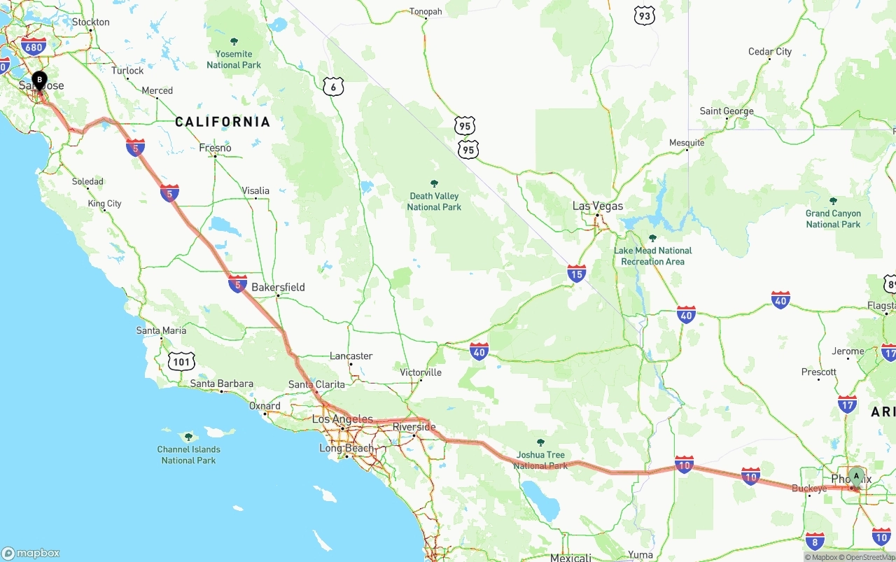 Shipping route from Phoenix Sky Harbor International Airport to San Jose