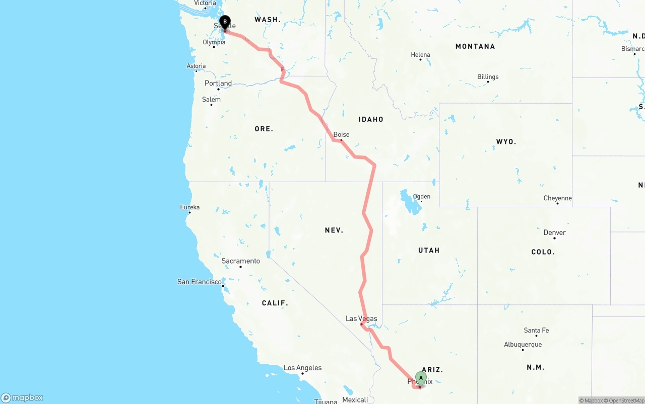 Shipping route from Phoenix Sky Harbor International Airport to Seattle