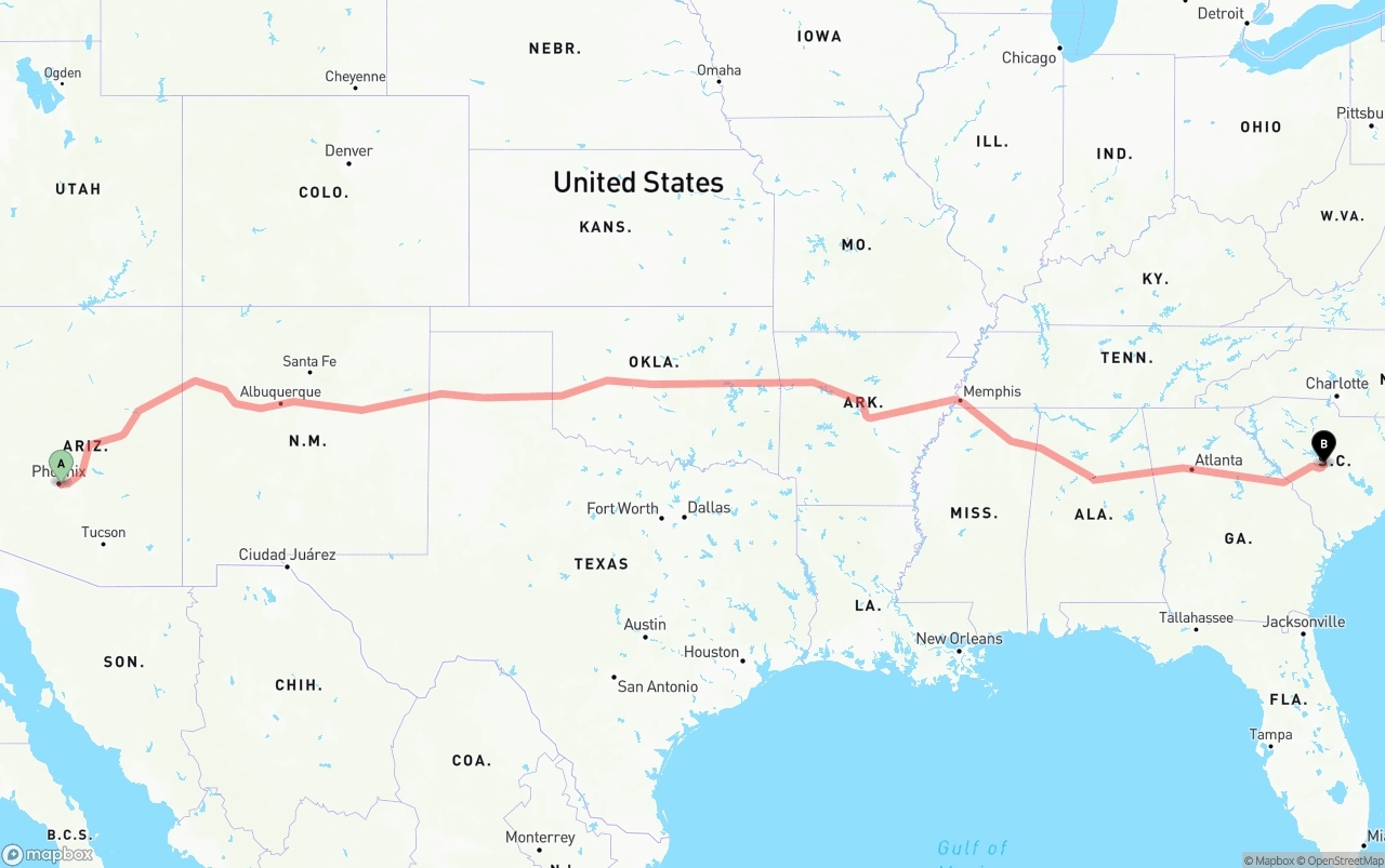 Shipping route from Phoenix Sky Harbor International Airport to South Carolina