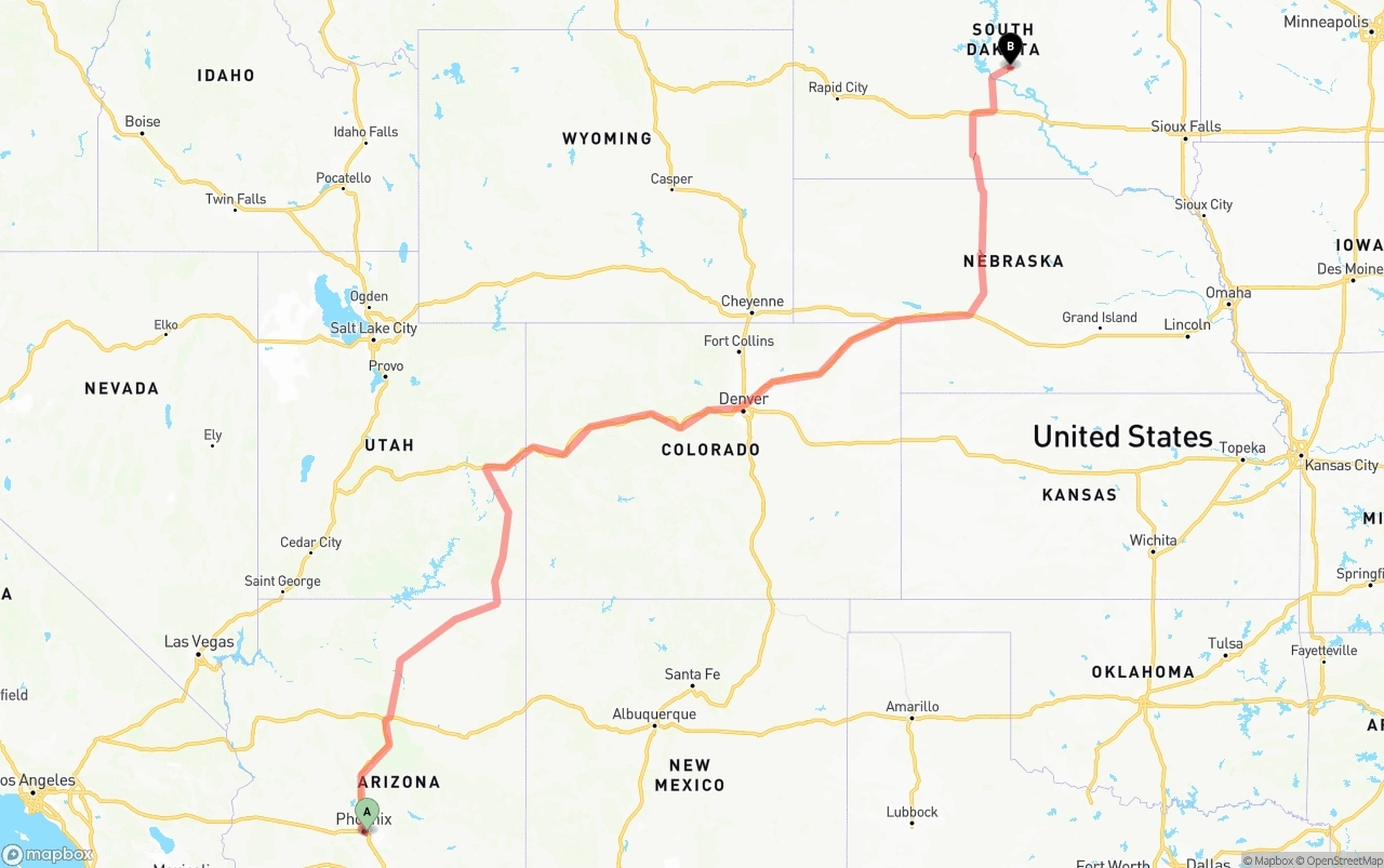 Shipping route from Phoenix Sky Harbor International Airport to South Dakota