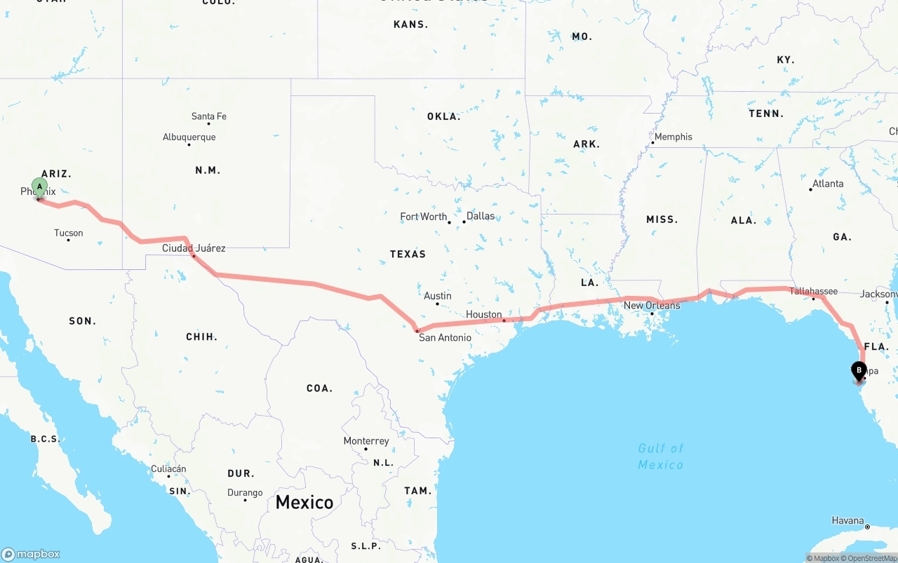 Shipping route from Phoenix Sky Harbor International Airport to St. Petersburg