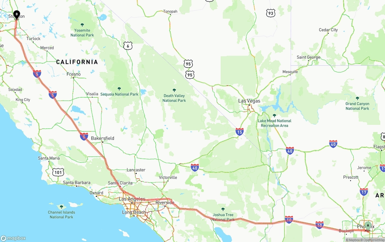 Shipping route from Phoenix Sky Harbor International Airport to Stockton