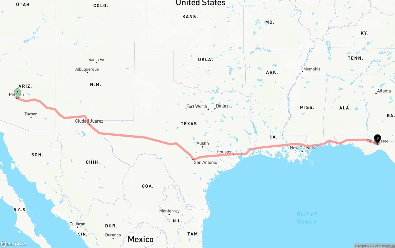 Shipping route from Phoenix Sky Harbor International Airport to Tallahassee