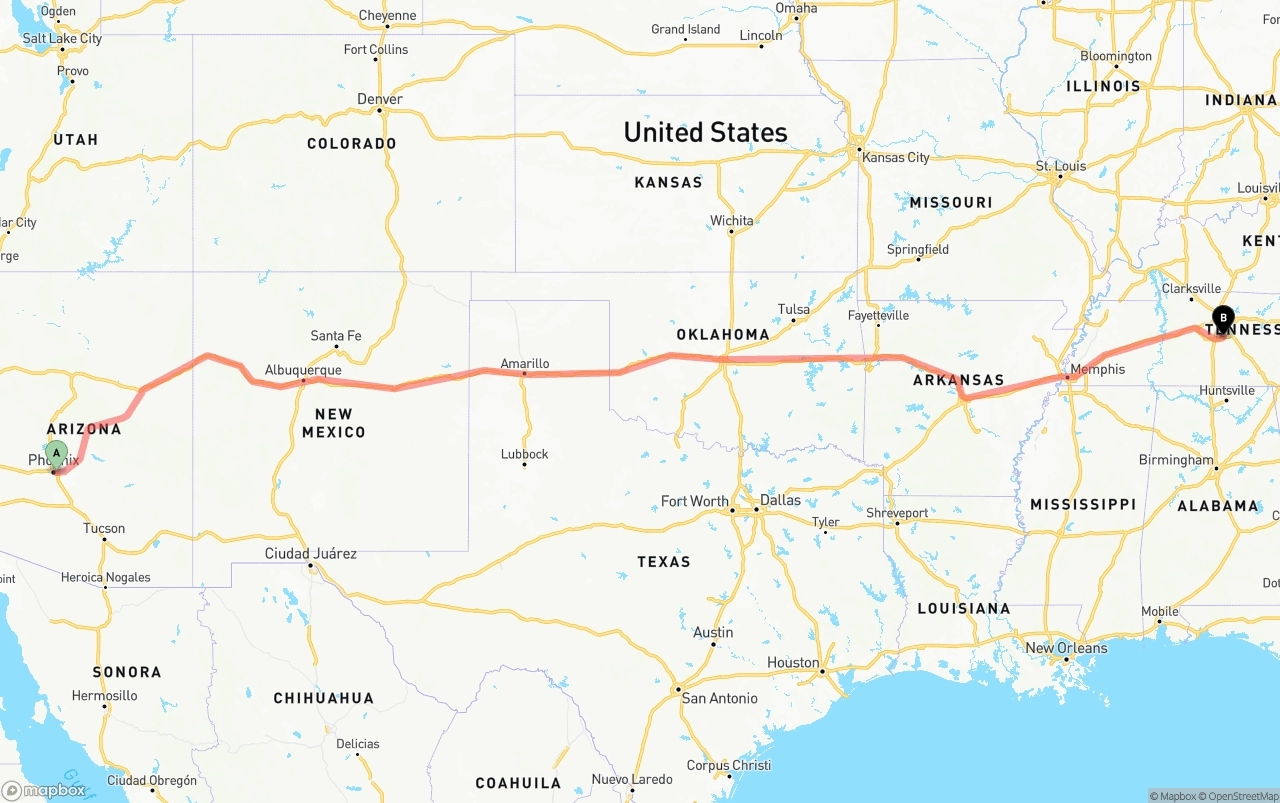 Shipping route from Phoenix Sky Harbor International Airport to Tennessee
