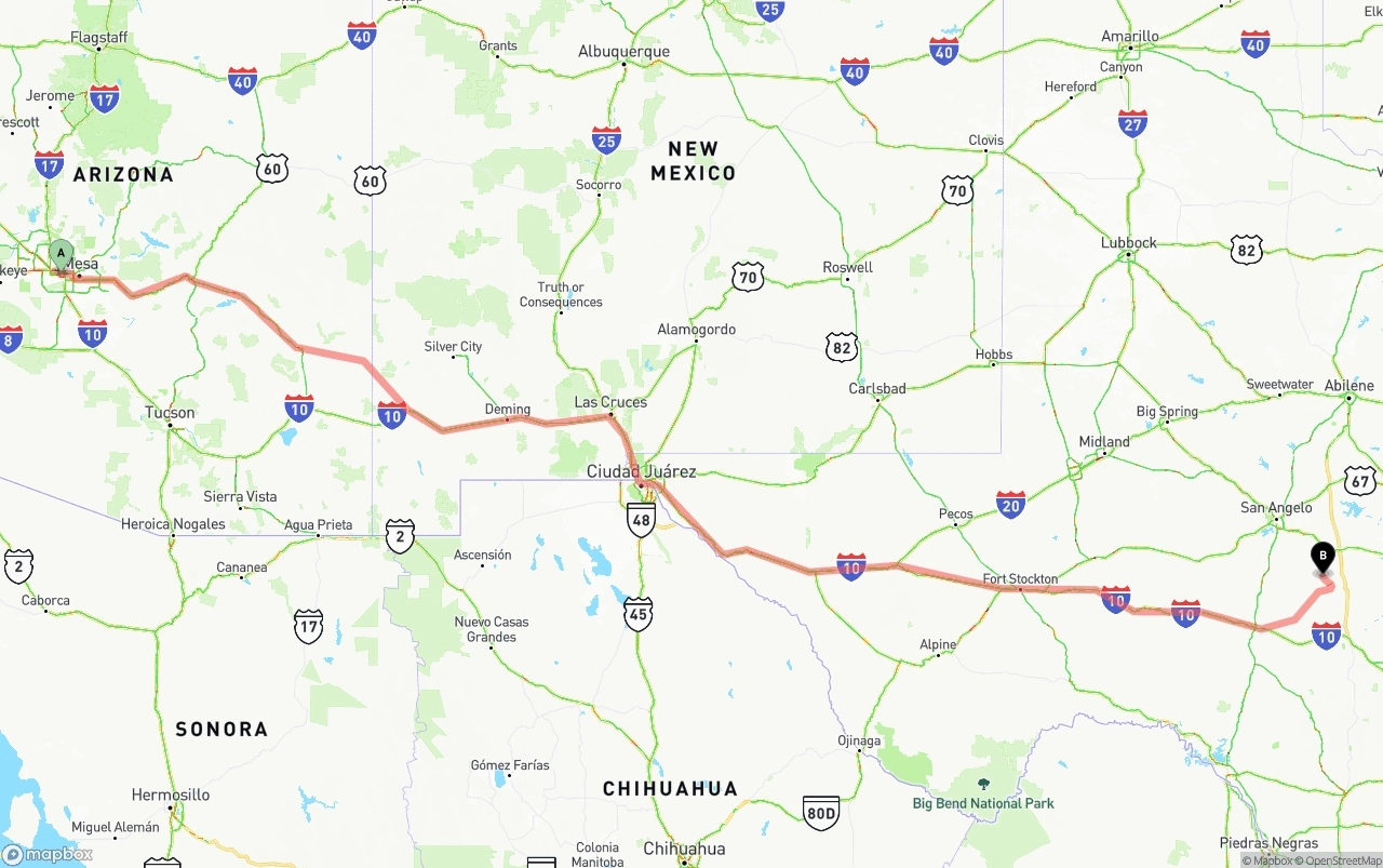 Shipping route from Phoenix Sky Harbor International Airport to Texas