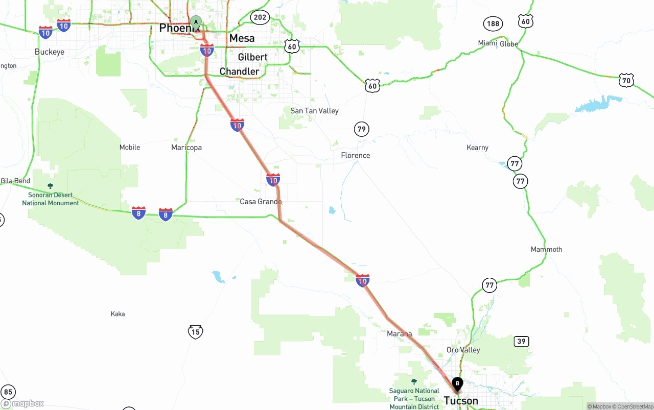 Shipping route from Phoenix Sky Harbor International Airport to Tucson