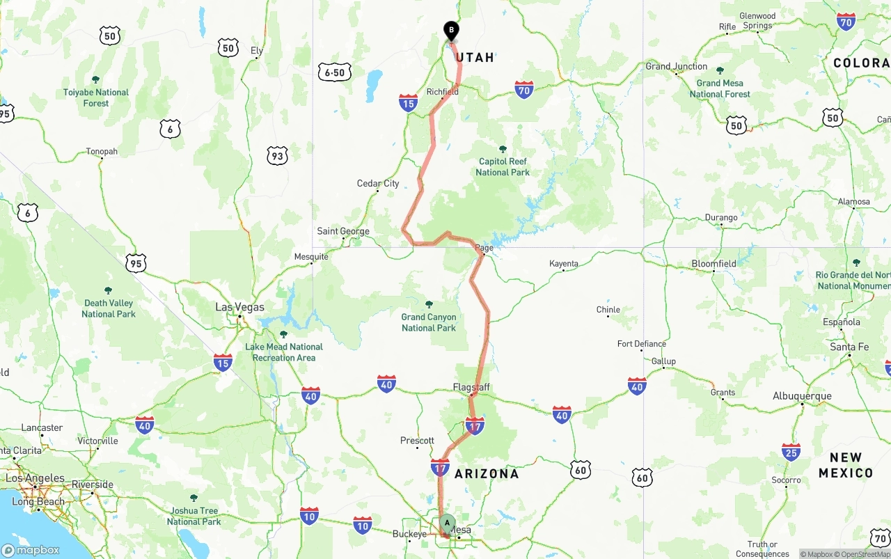 Shipping route from Phoenix Sky Harbor International Airport to Utah