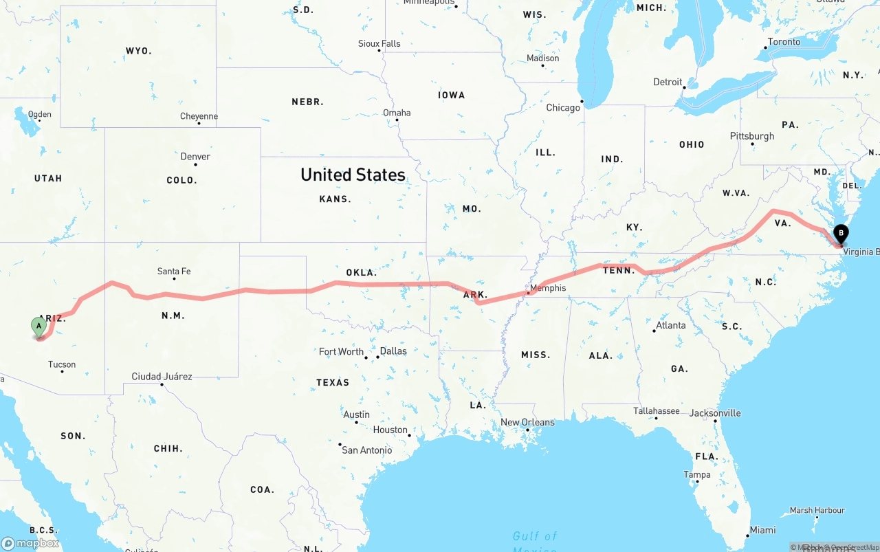 Shipping route from Phoenix Sky Harbor International Airport to Virginia Beach