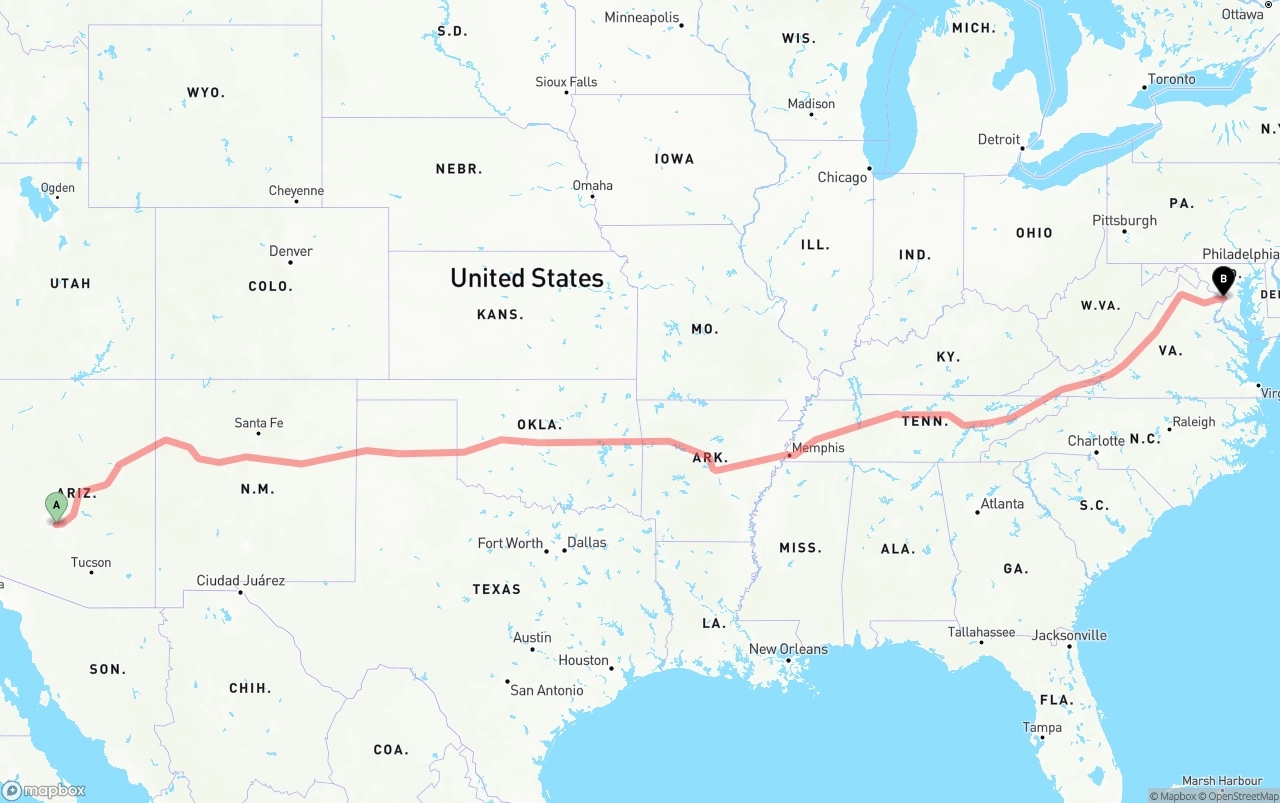 Shipping route from Phoenix Sky Harbor International Airport to Washington D.C.