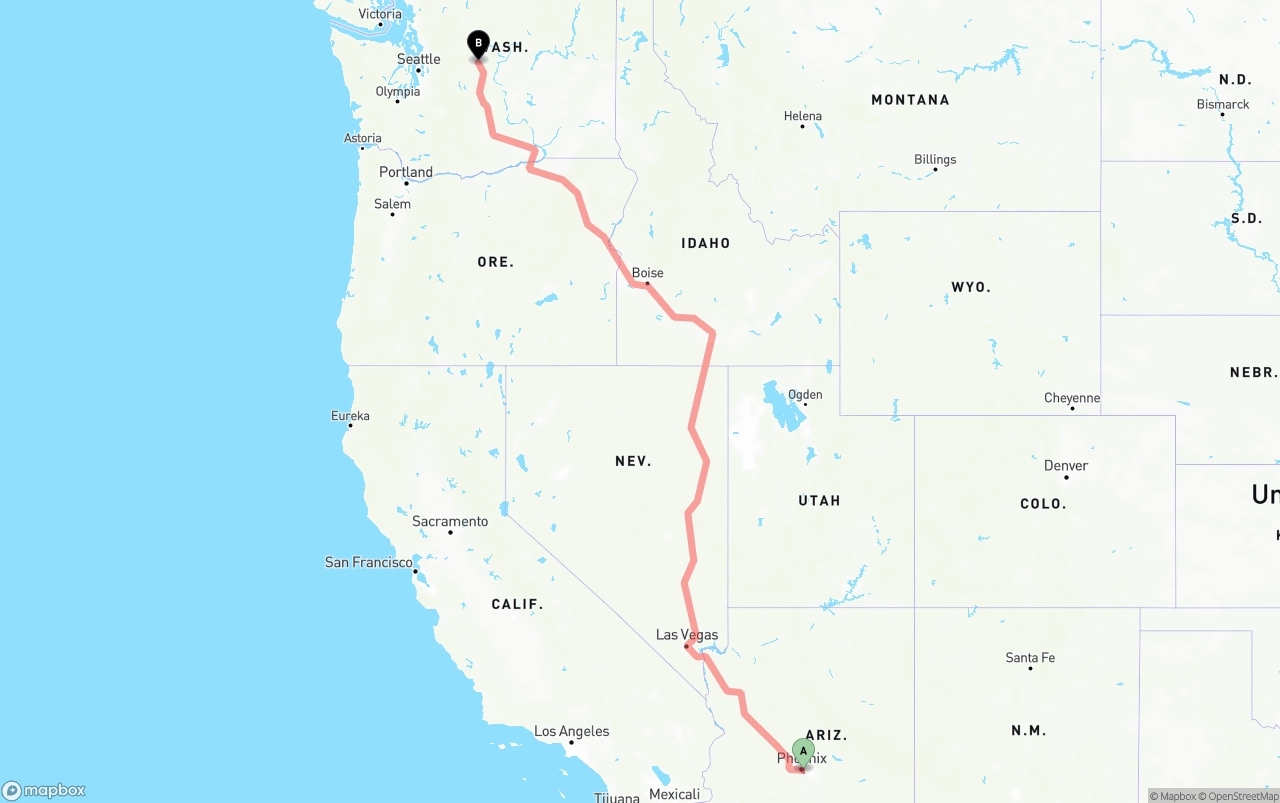 Shipping route from Phoenix Sky Harbor International Airport to Washington