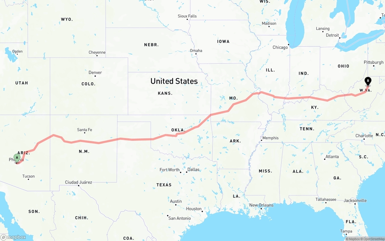 Shipping route from Phoenix Sky Harbor International Airport to West Virginia