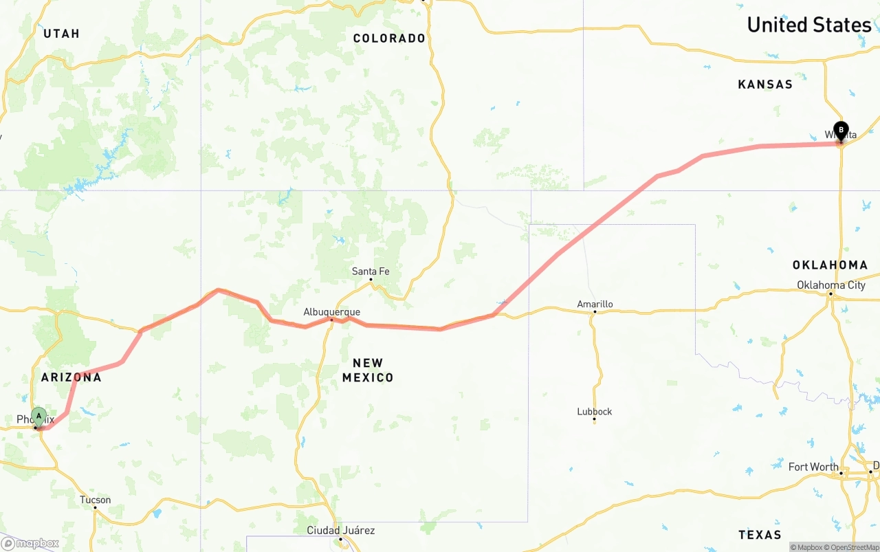 Shipping route from Phoenix Sky Harbor International Airport to Wichita