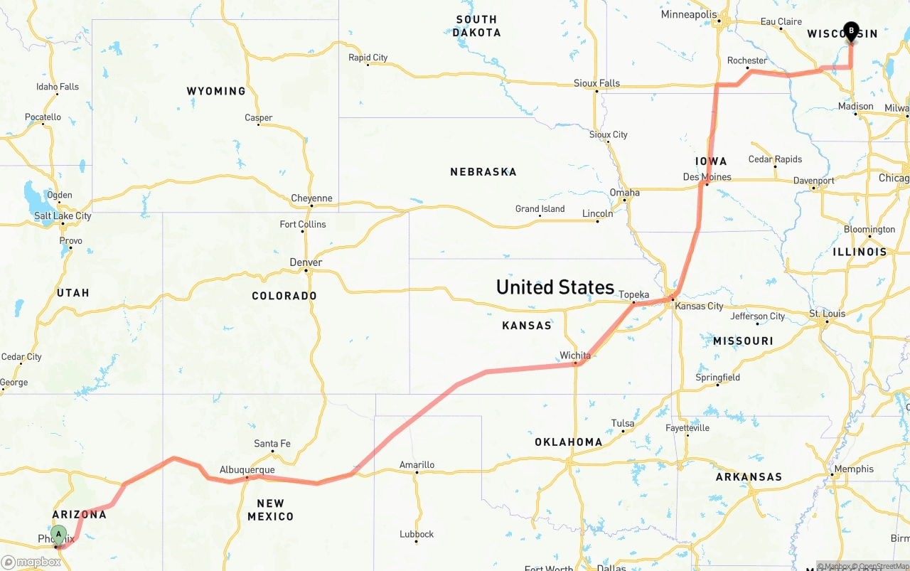 Shipping route from Phoenix Sky Harbor International Airport to Wisconsin
