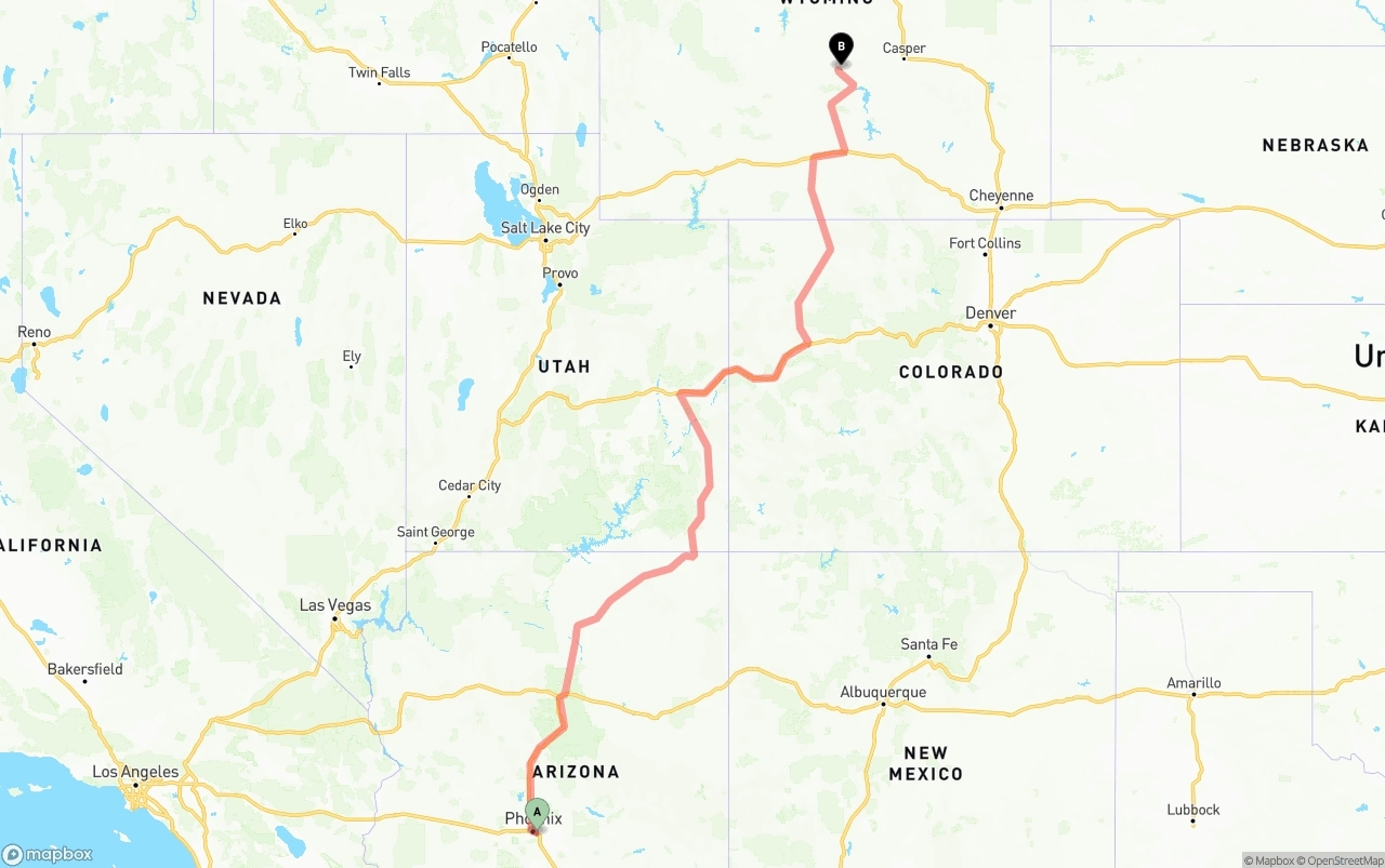 Shipping route from Phoenix Sky Harbor International Airport to Wyoming