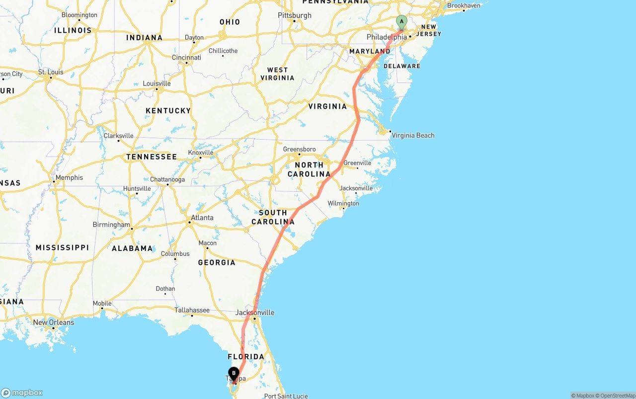Shipping route from Phoenix to Tampa International Airport