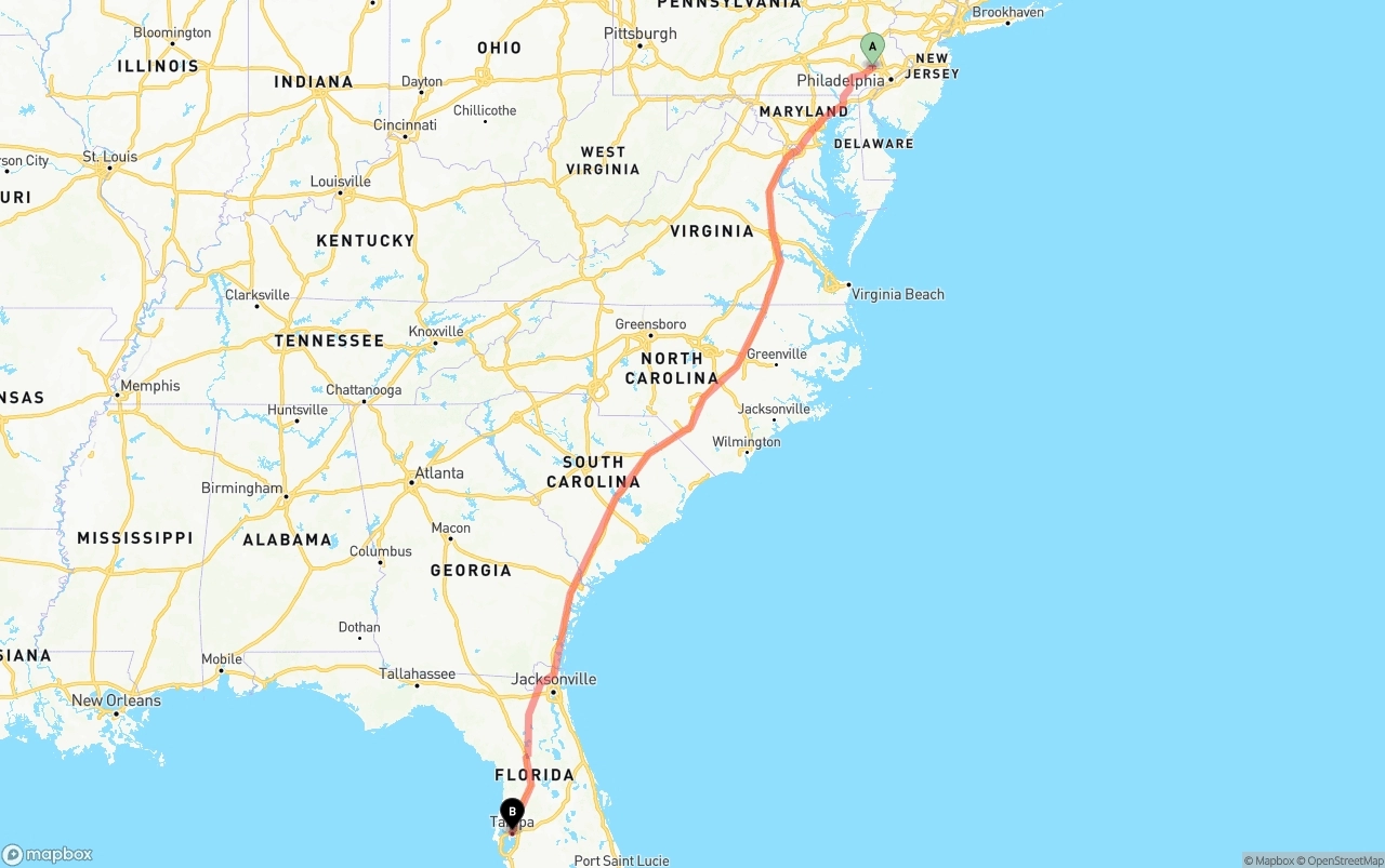 Shipping route from Phoenix to Tampa