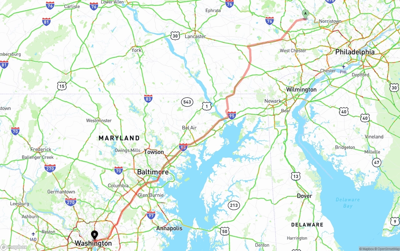 Shipping route from Phoenix to Washington D.C.