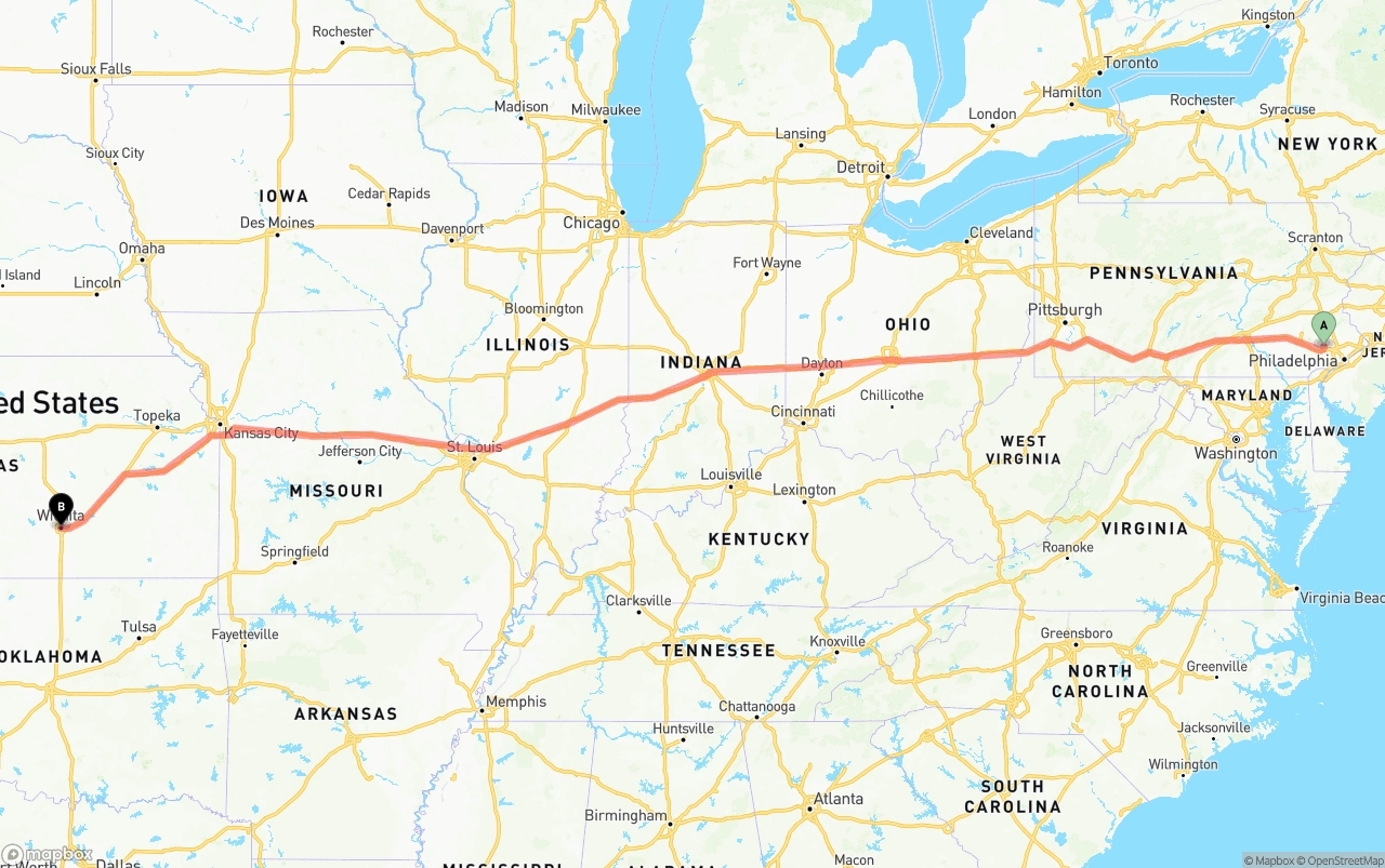 Shipping route from Phoenix to Wichita