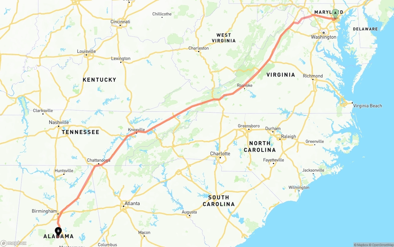 Shipping route from Port of Baltimore to Alabama