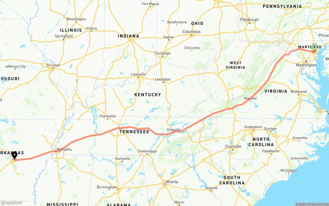 Shipping route from Port of Baltimore to Arkansas